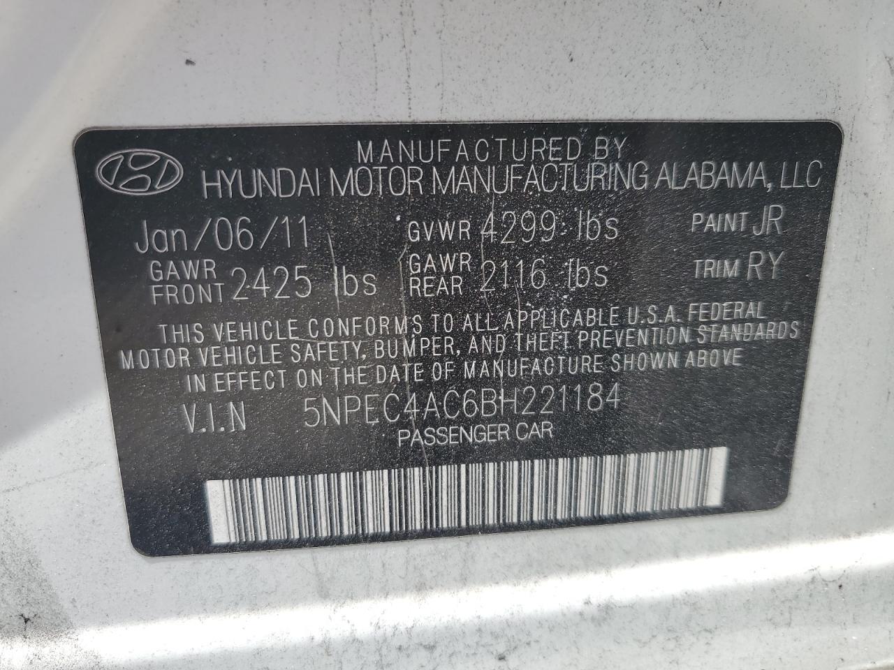 5NPEC4AC6BH221184 2011 Hyundai Sonata Se