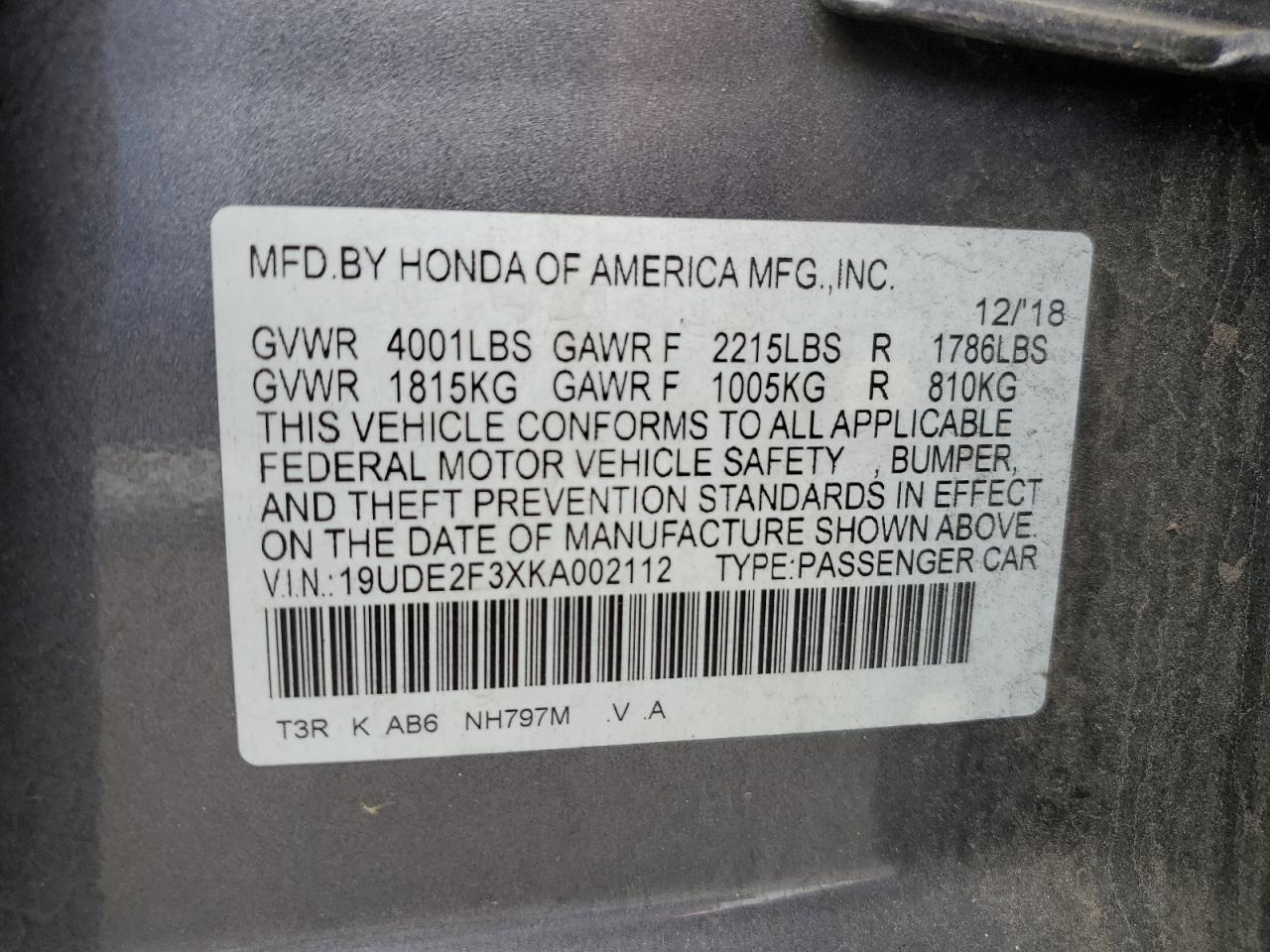 19UDE2F3XKA002112 2019 Acura Ilx