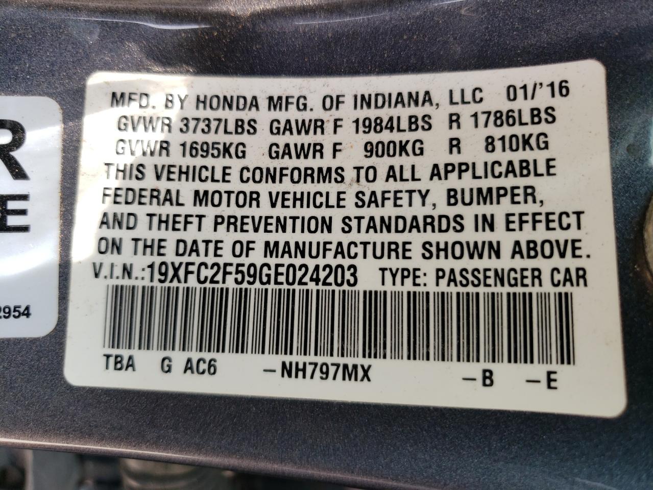 19XFC2F59GE024203 2016 Honda Civic Lx