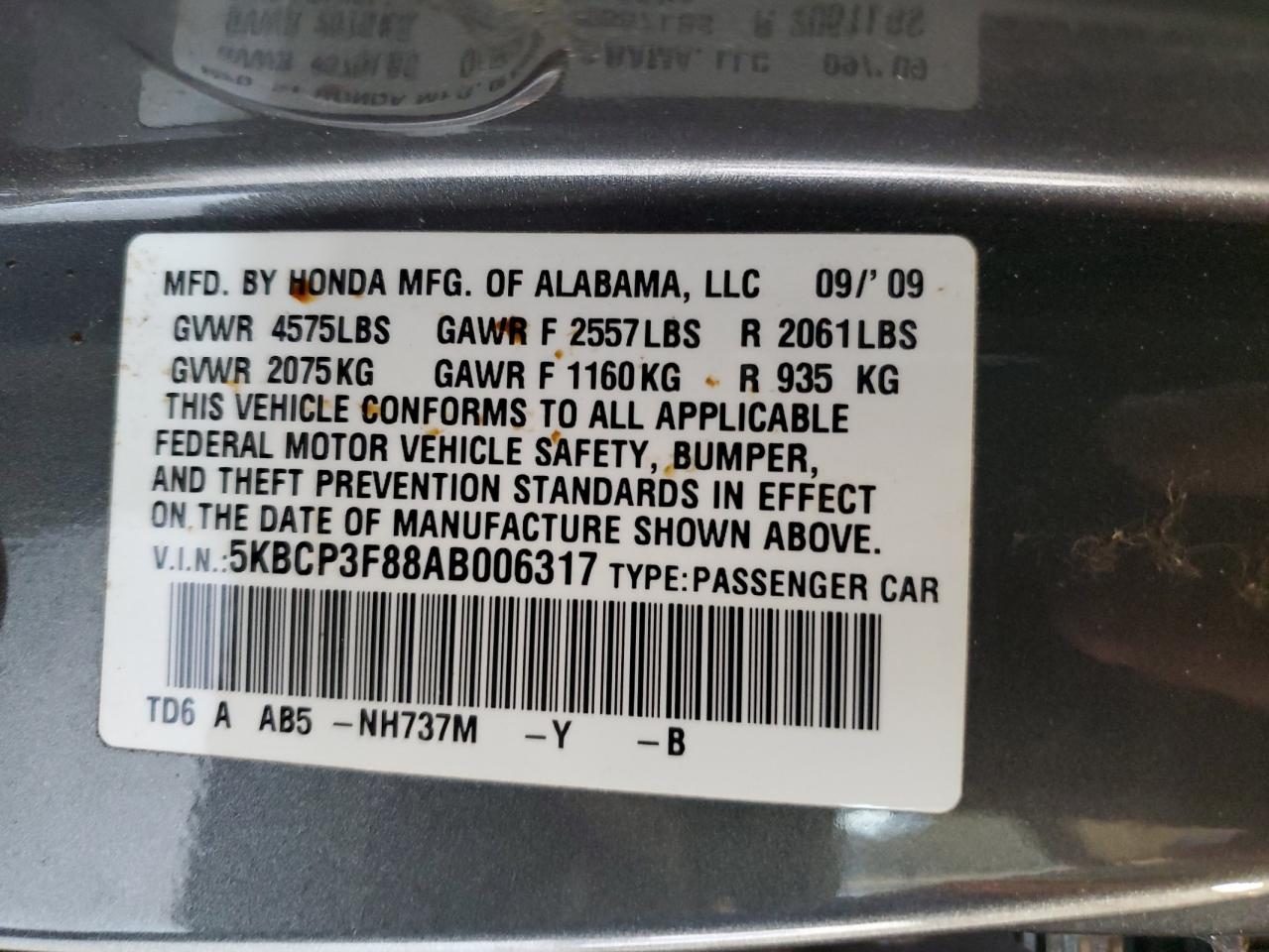 5KBCP3F88AB006317 2010 Honda Accord Exl