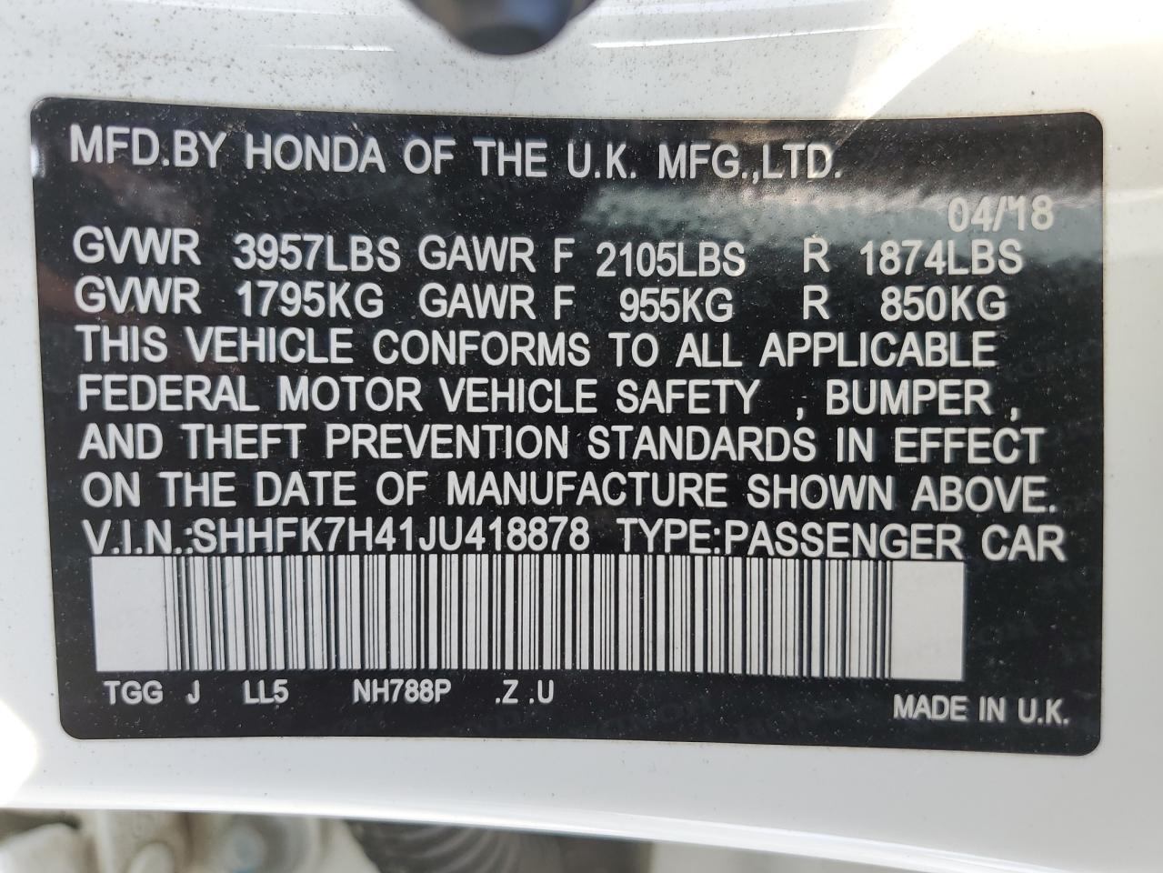 SHHFK7H41JU418878 HONDA CIVIC 2018
