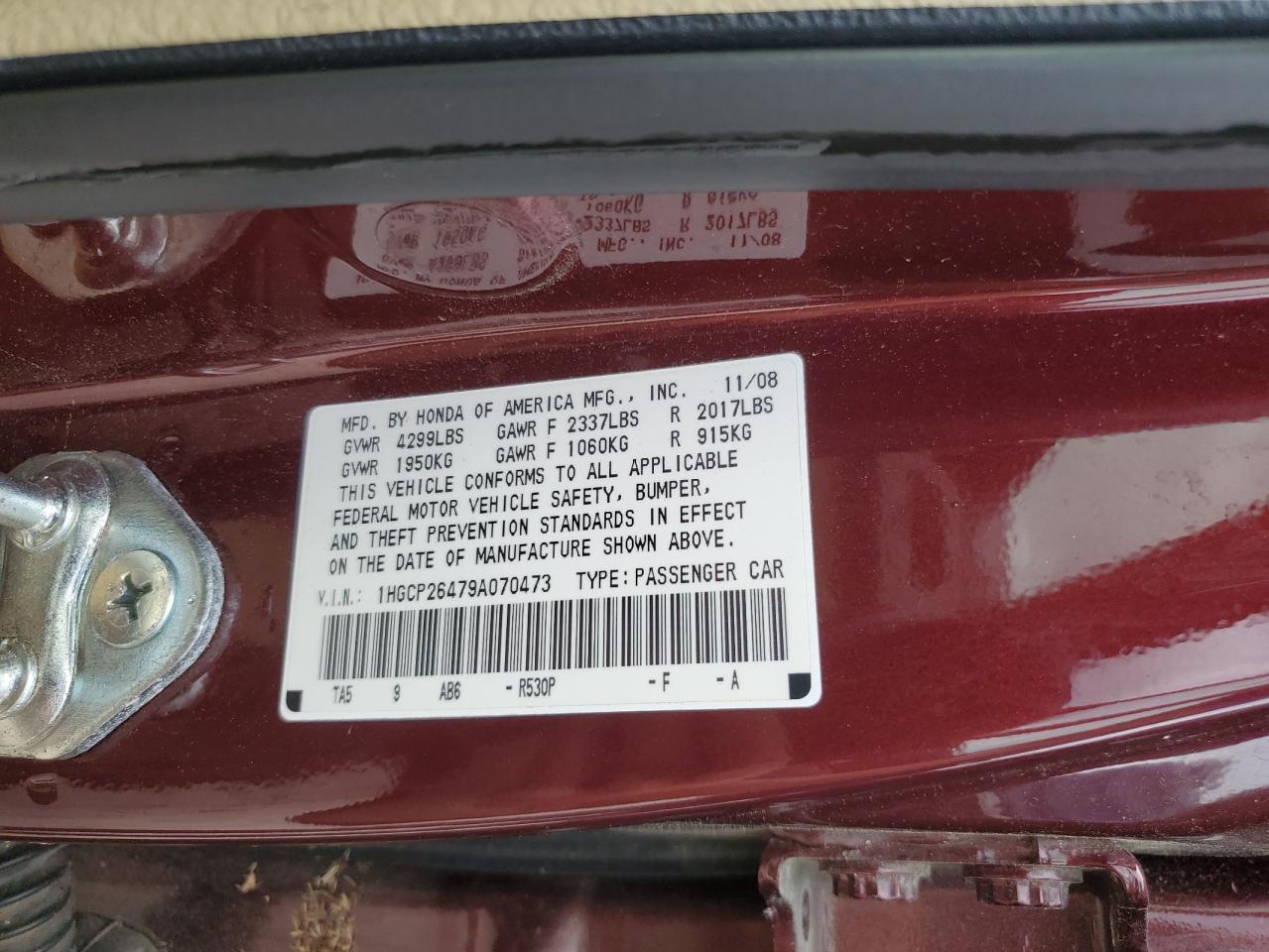 1HGCP26479A070473 2009 Honda Accord Lxp