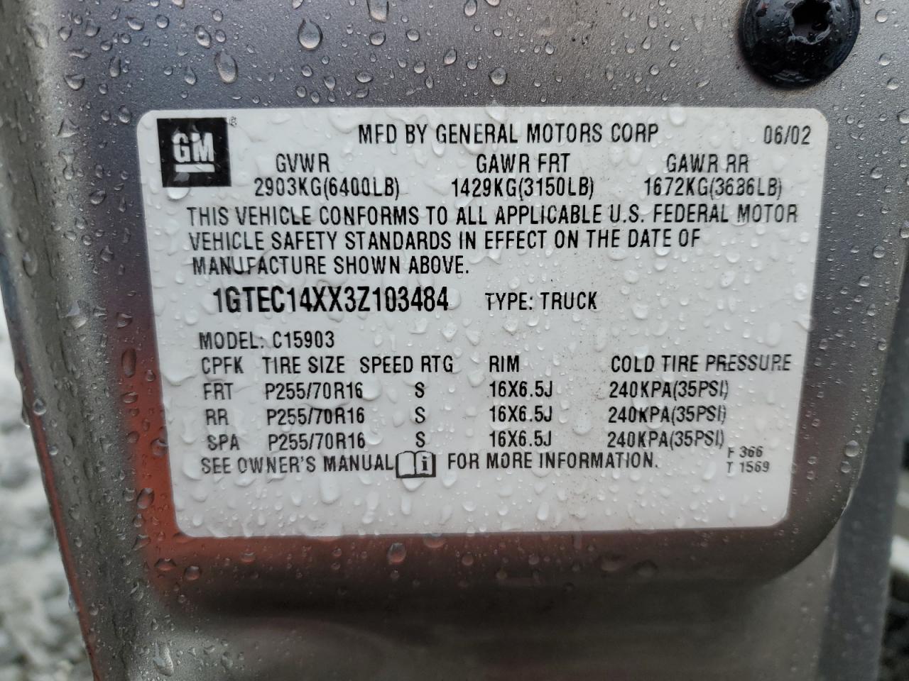 1GTEC14XX3Z103484 2003 GMC New Sierra C1500