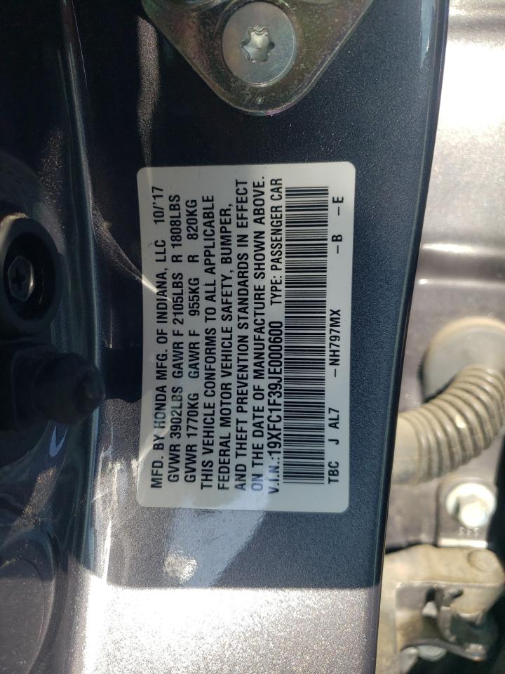 19XFC1F39JE000600 2018 Honda Civic Ex