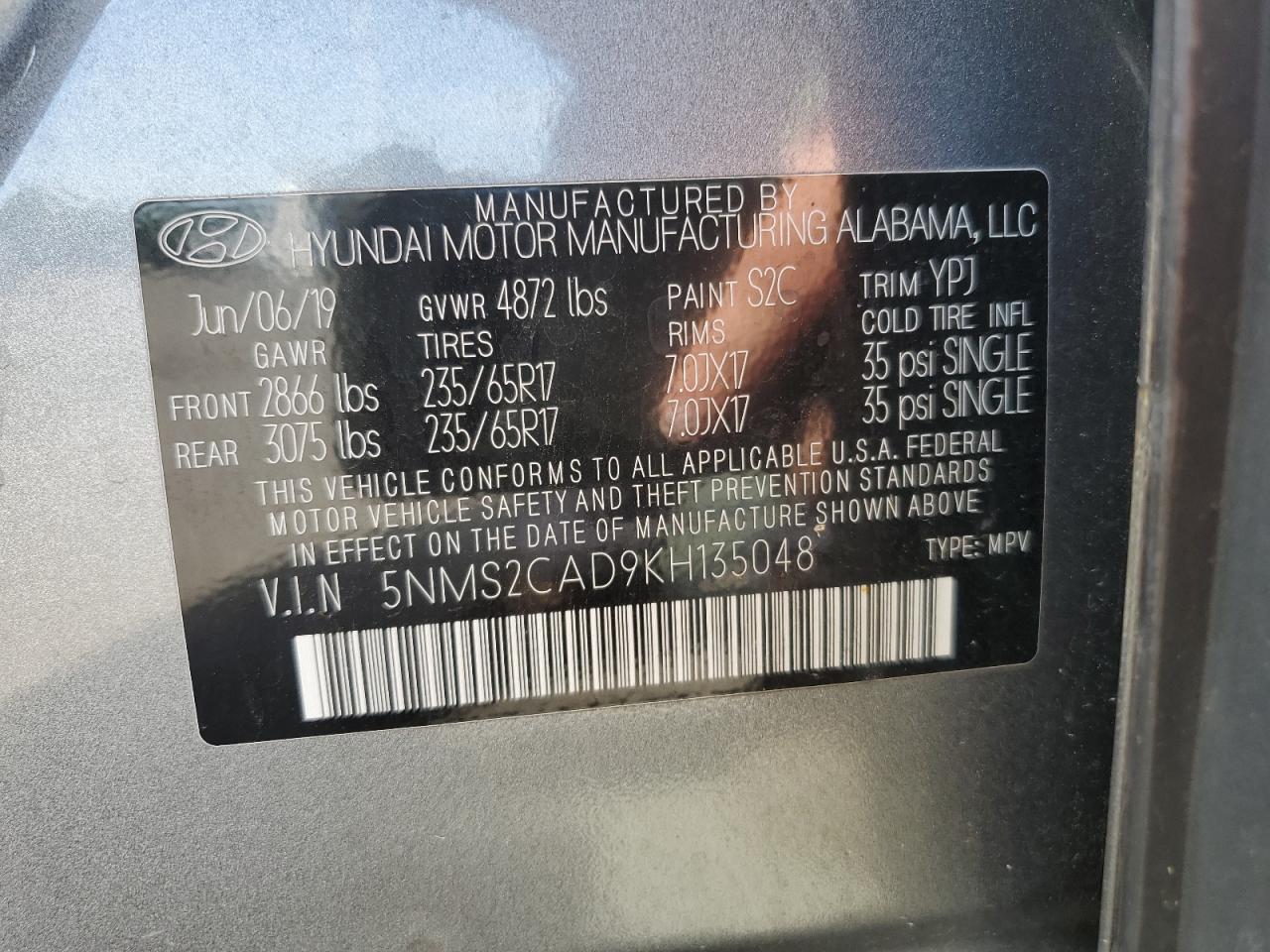 5NMS2CAD9KH135048 2019 Hyundai Santa Fe Se