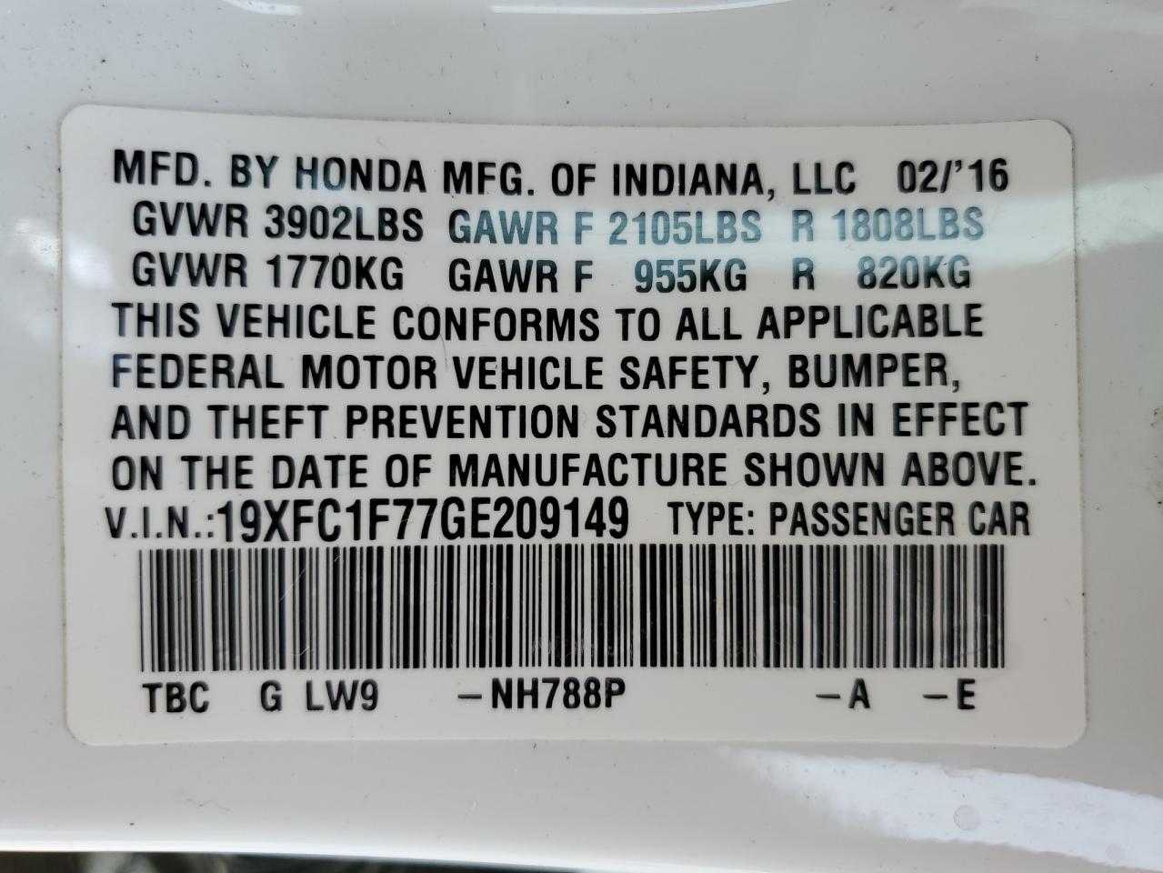 19XFC1F77GE209149 HONDA CIVIC 2016