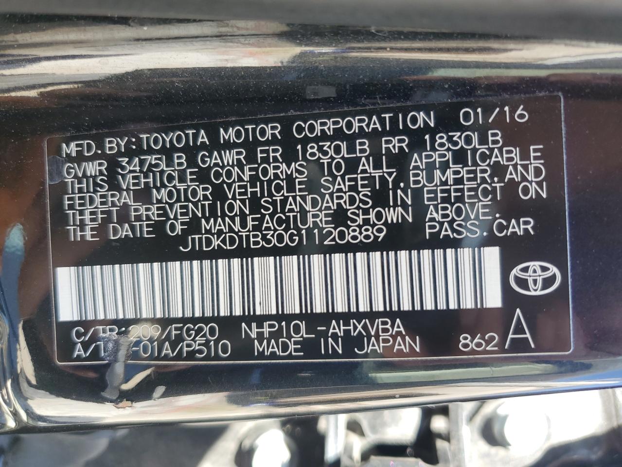 JTDKDTB30G1120889 2016 Toyota Prius C