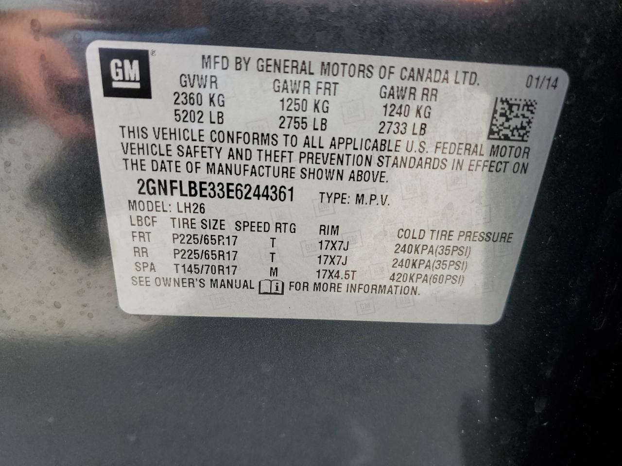 2GNFLBE33E6244361 2014 Chevrolet Equinox Lt