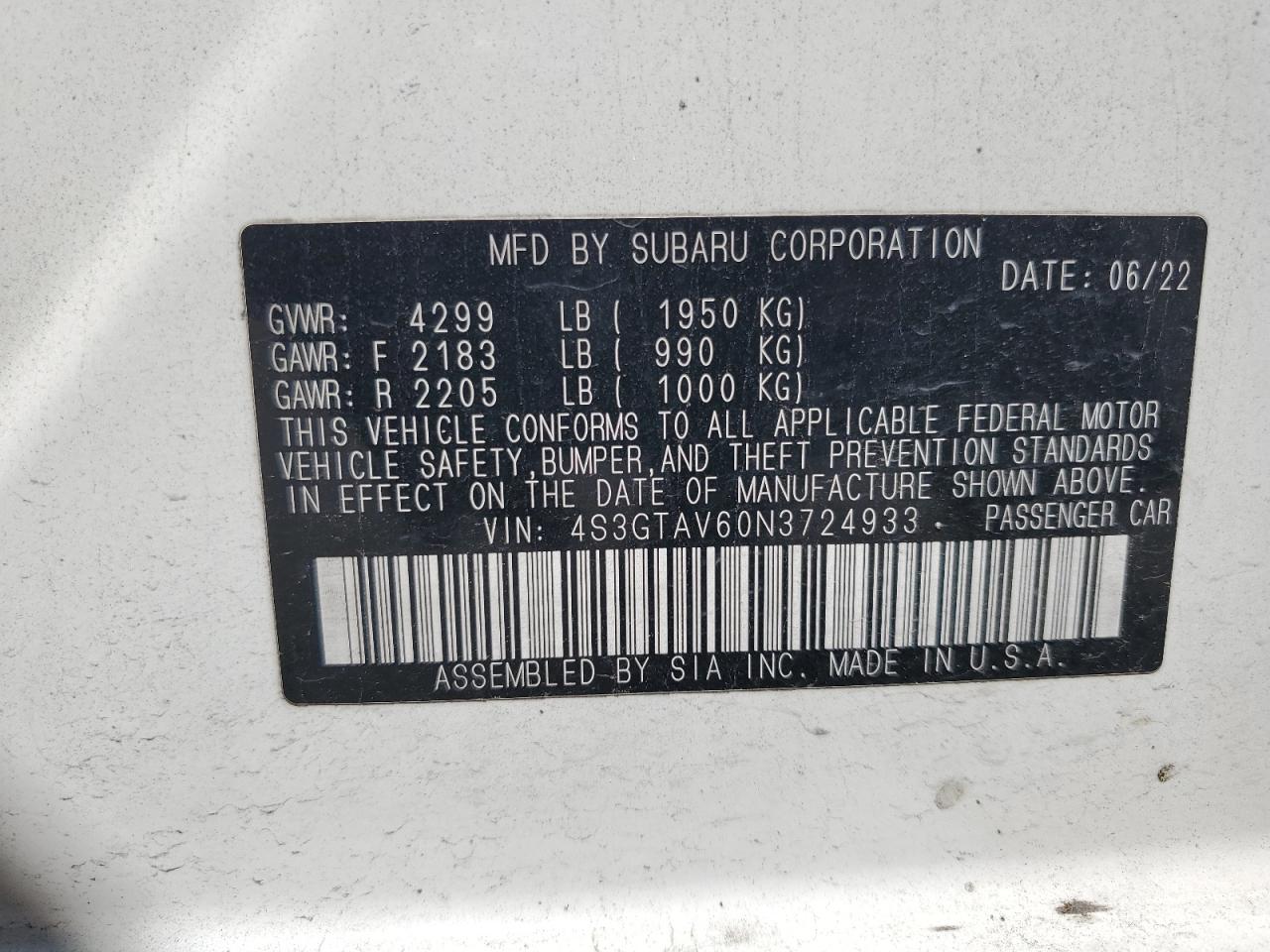 4S3GTAV60N3724933 2022 Subaru Impreza Premium