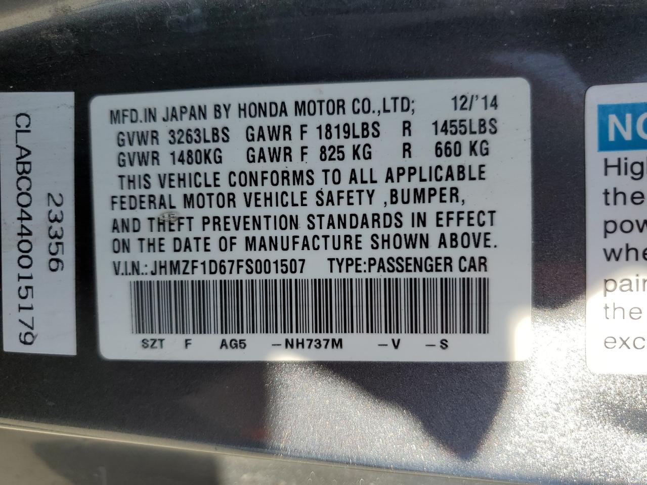 JHMZF1D67FS001507 2015 Honda Cr-Z Ex