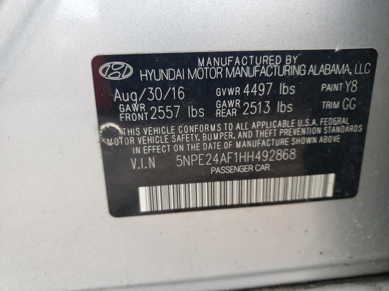 2017 Hyundai Sonata Se vin: 5NPE24AF1HH492868