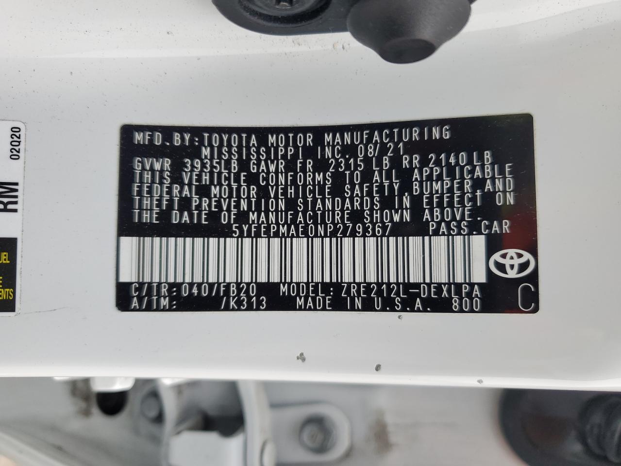 5YFEPMAE0NP279367 2022 Toyota Corolla Le