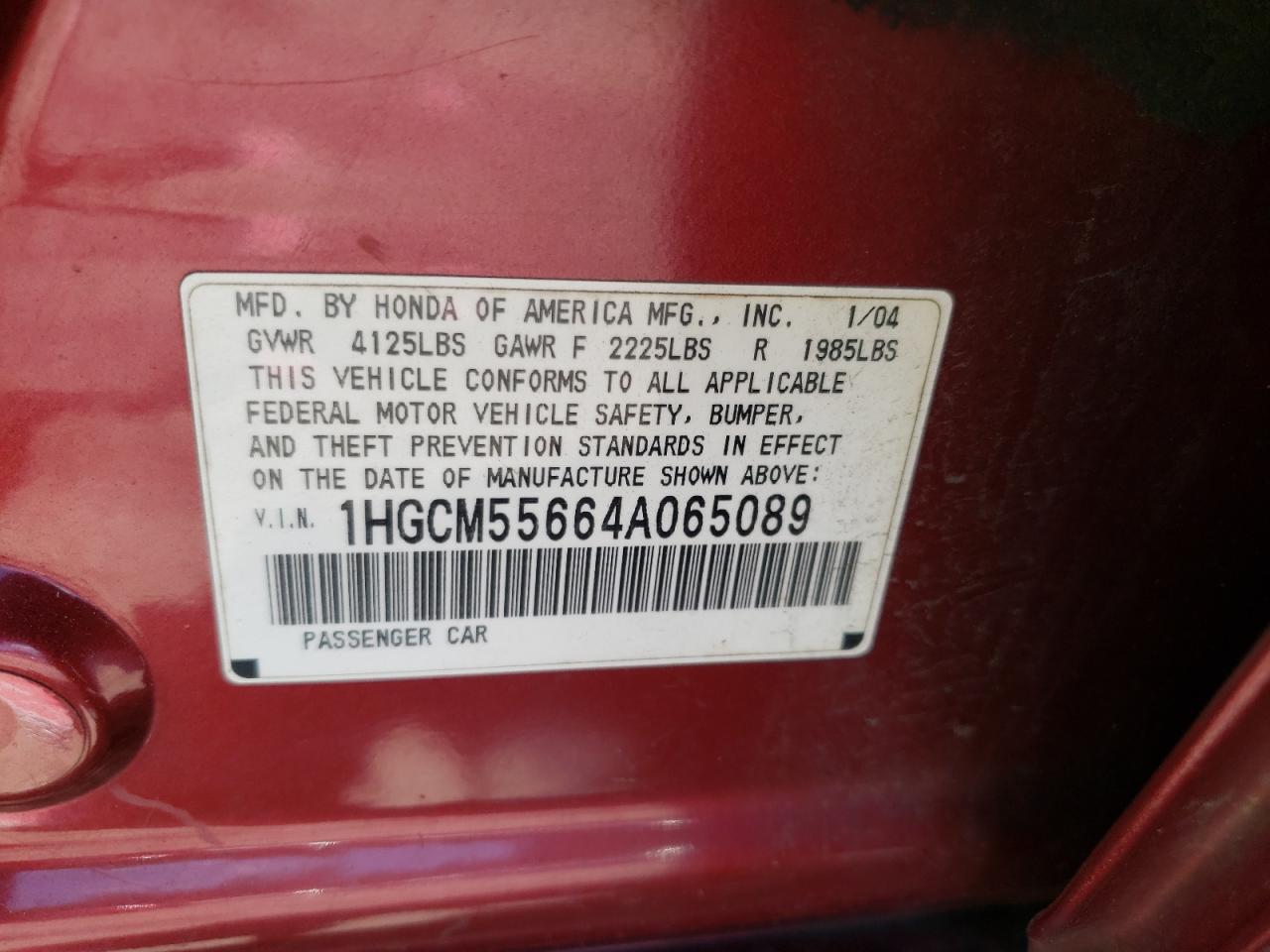 1HGCM55664A065089 2004 Honda Accord Ex