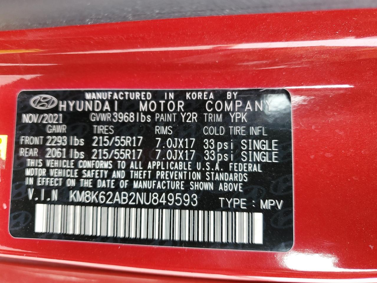 KM8K62AB2NU849593 2022 Hyundai Kona Sel