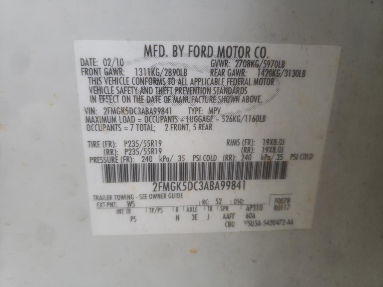 2FMGK5DC3ABA99841 2010 Ford Flex Limited