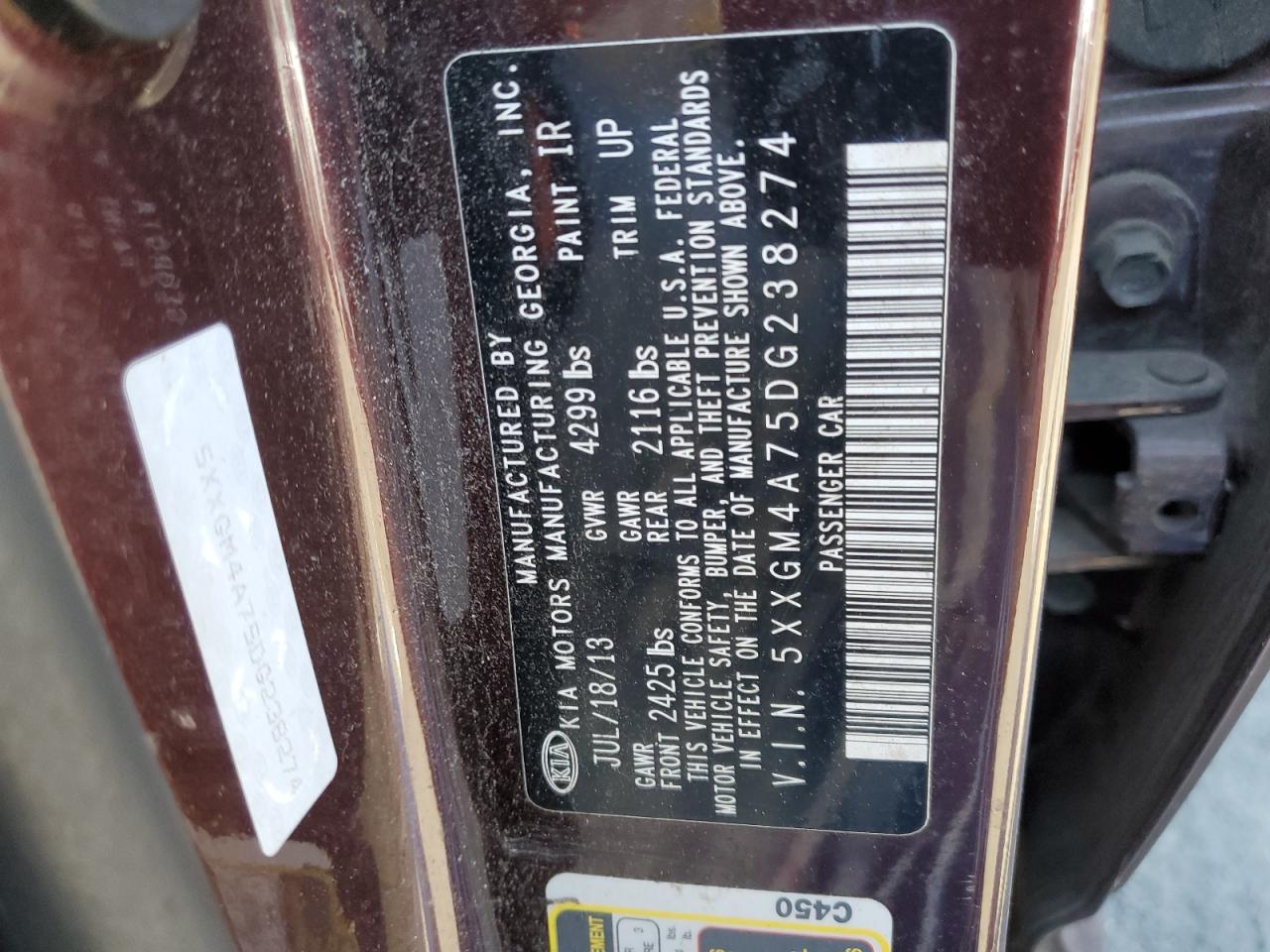 5XXGM4A75DG238274 2013 Kia Optima Lx