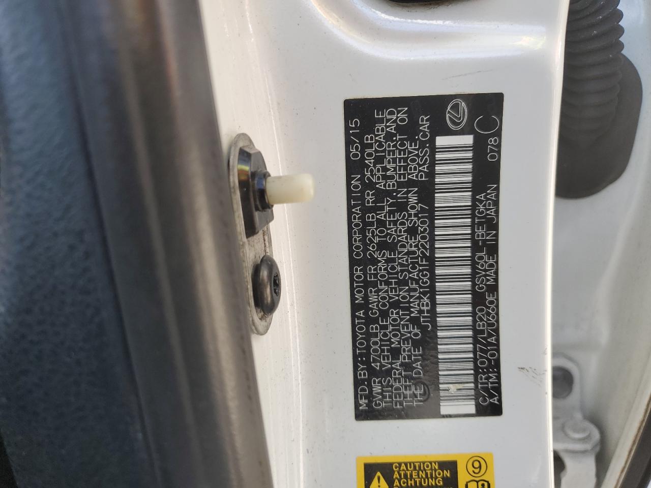 JTHBK1GG1F2203017 2015 Lexus Es 350