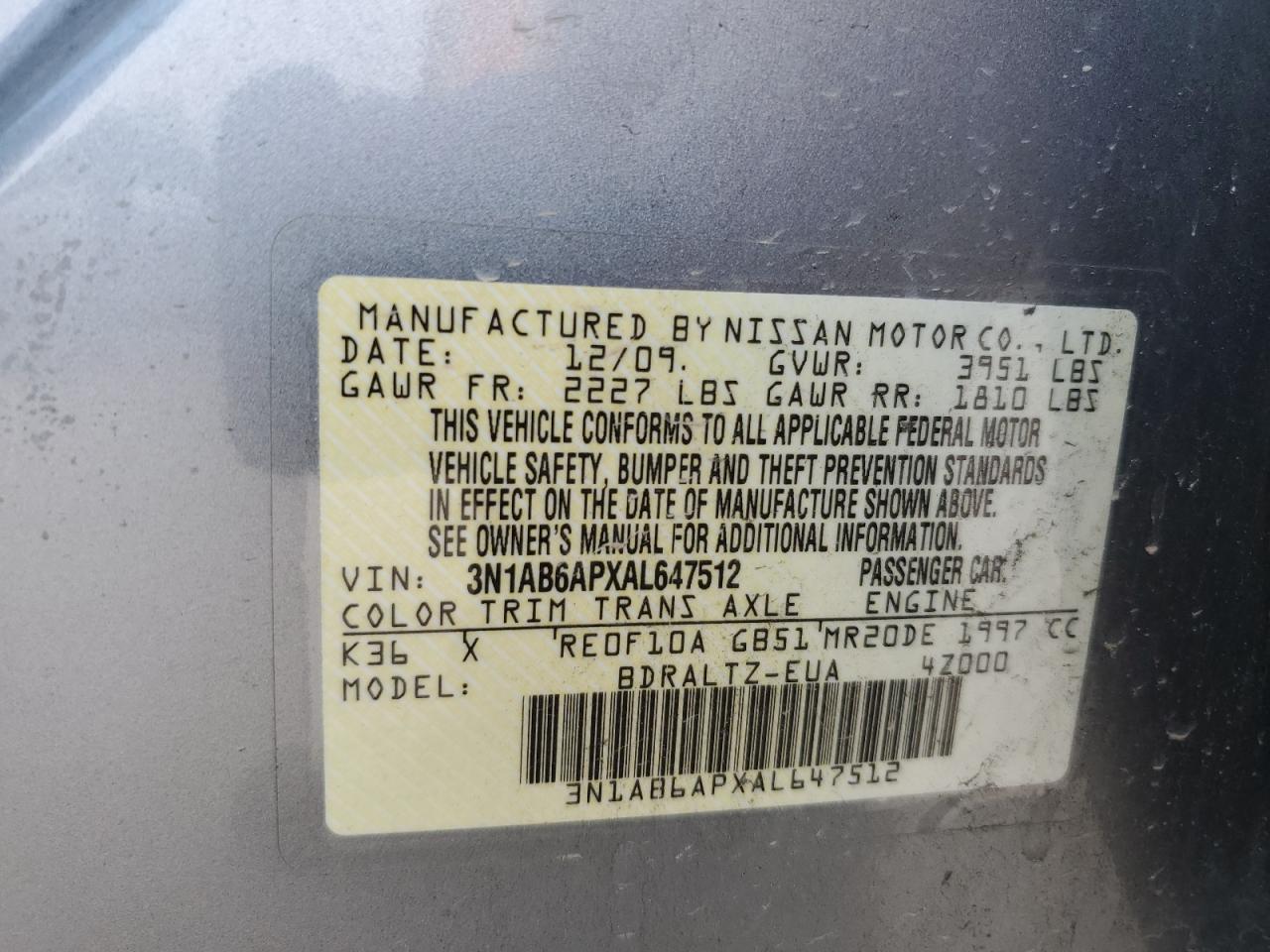 3N1AB6APXAL647512 2010 Nissan Sentra 2.0