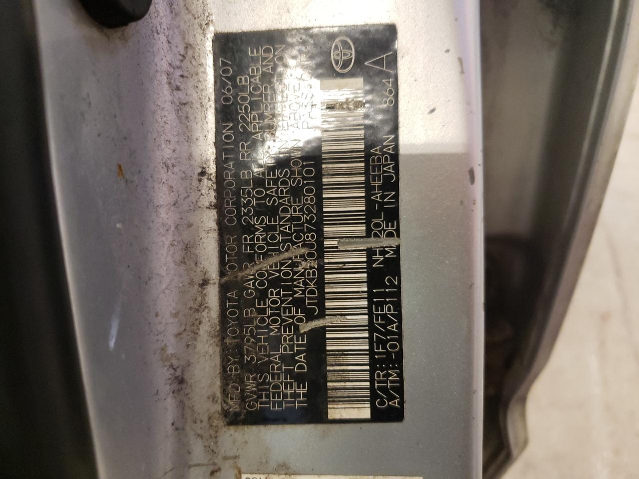 JTDKB20U873280101 2007 Toyota Prius