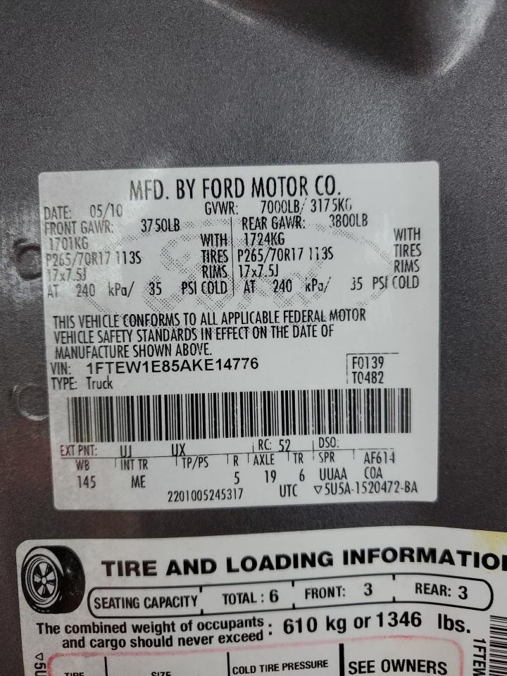 1FTEW1E85AKE14776 2010 Ford F150 Supercrew