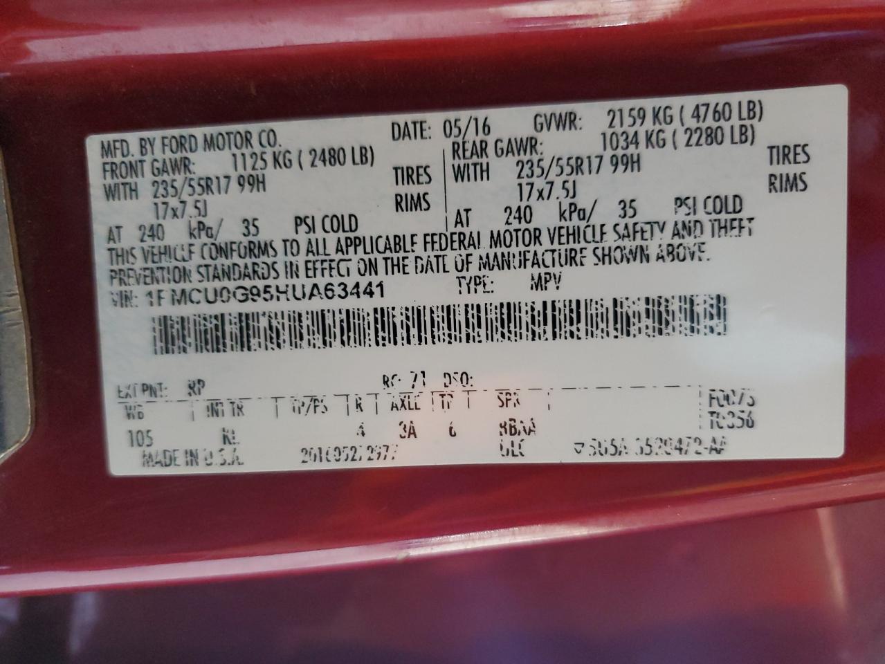 1FMCU0G95HUA63441 2017 Ford Escape Se