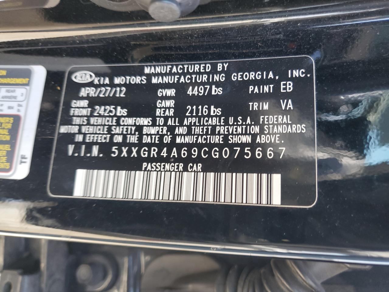 5XXGR4A69CG075667 2012 Kia Optima Sx