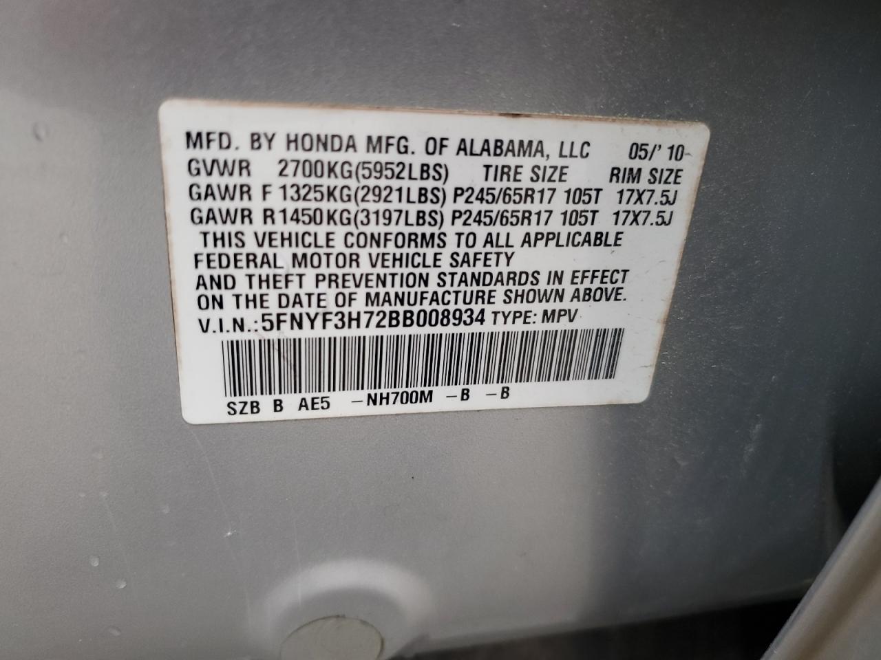 5FNYF3H72BB008934 2011 Honda Pilot Exln