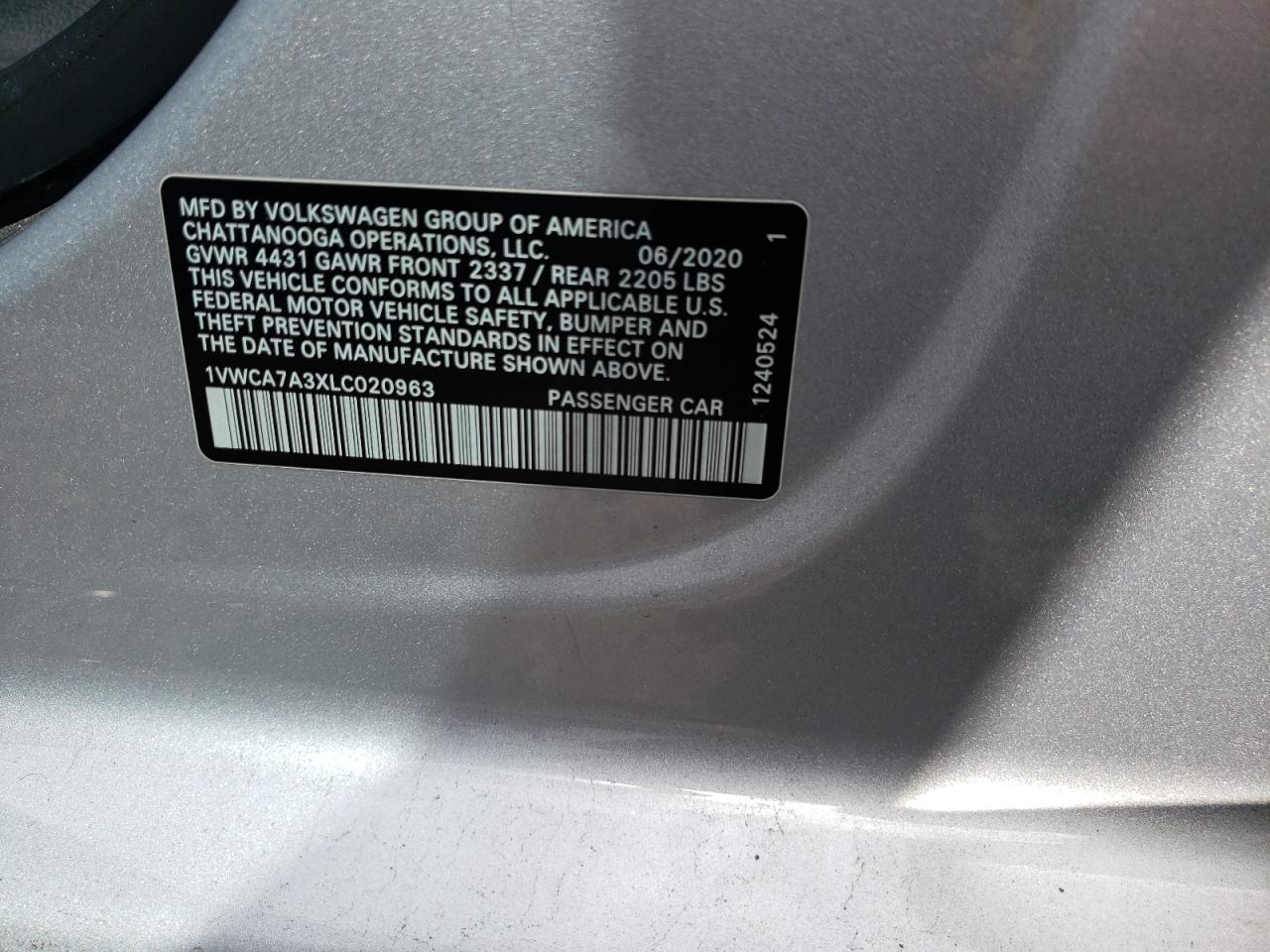 1VWCA7A3XLC020963 2020 Volkswagen Passat Sel