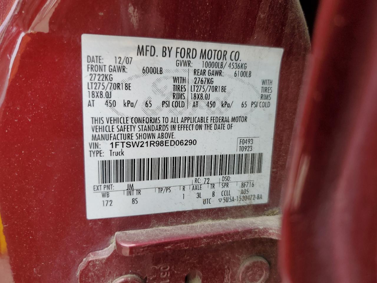 1FTSW21R98ED06290 2008 Ford F250 Super Duty