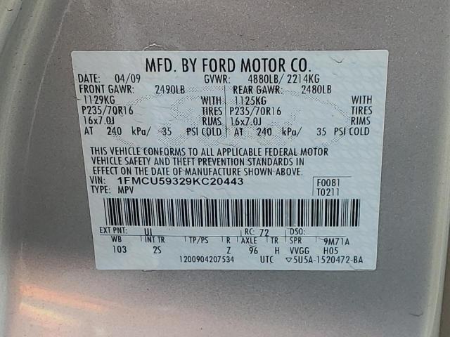 2008 Ford Escape Hybrid VIN: 1FMCU59329KC20443 Lot: 54123064