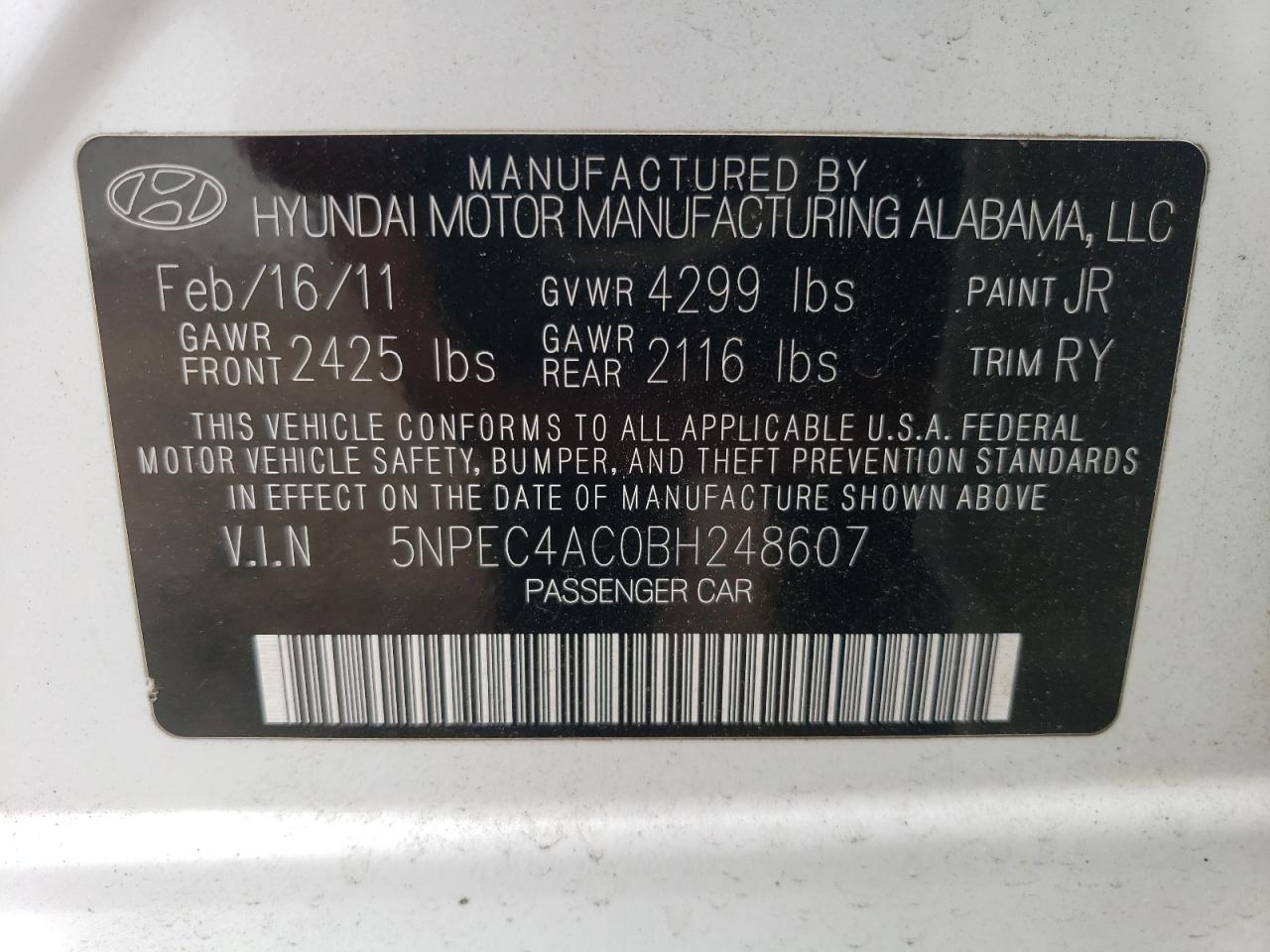 5NPEC4AC0BH248607 2011 Hyundai Sonata Se