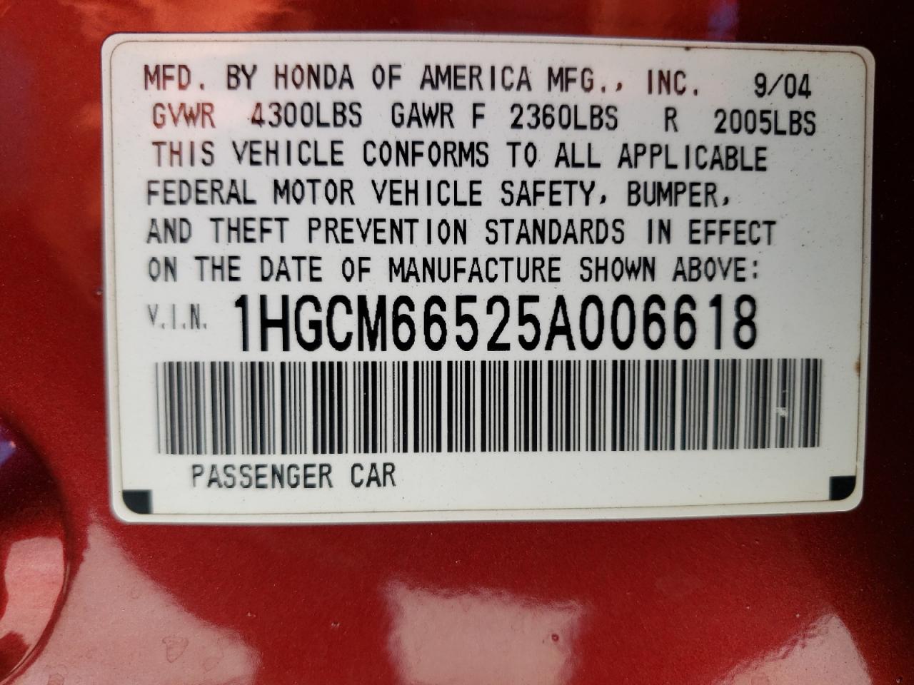 1HGCM66525A006618 2005 Honda Accord Ex