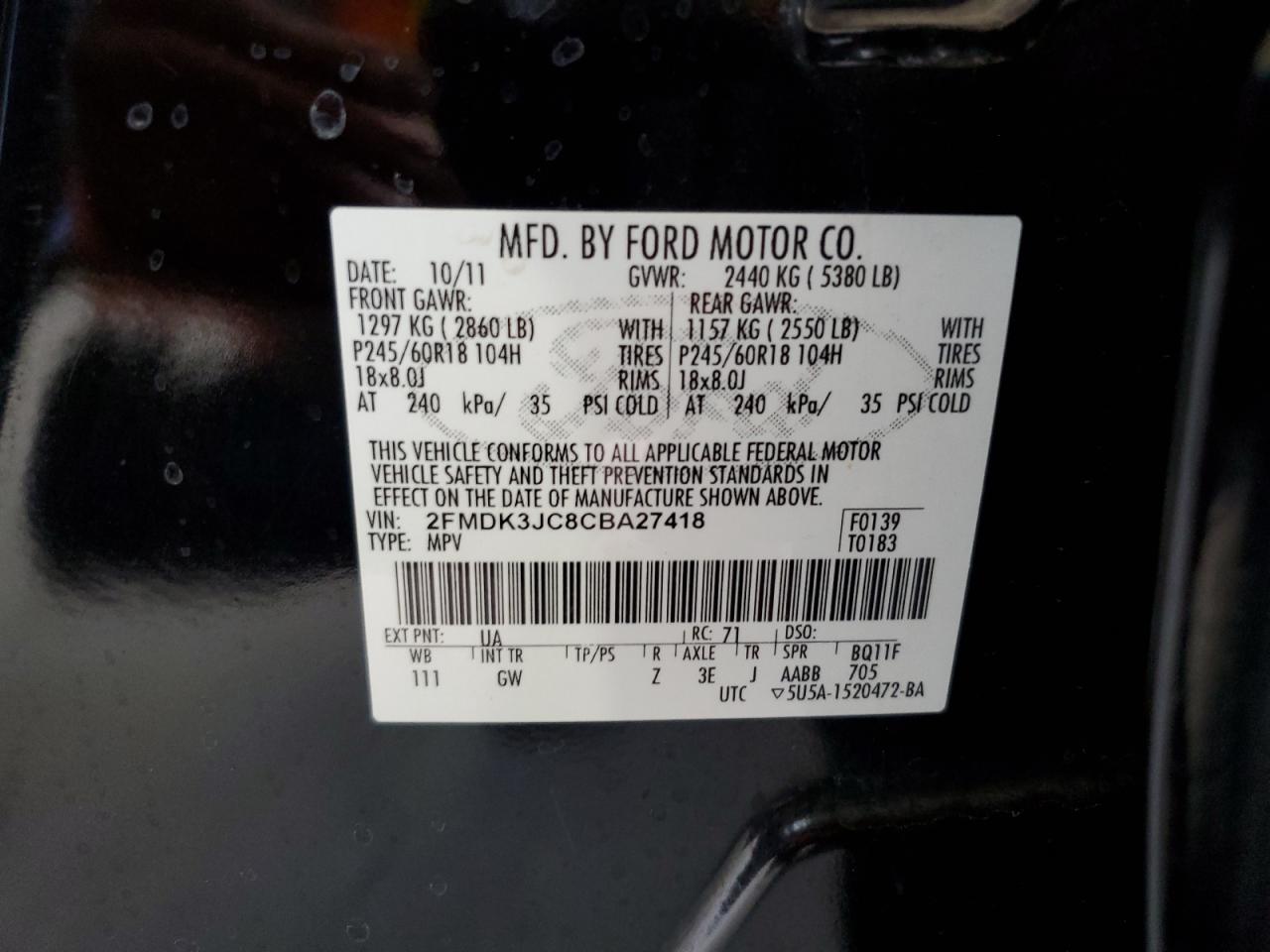 2012 Ford Edge Sel vin: 2FMDK3JC8CBA27418