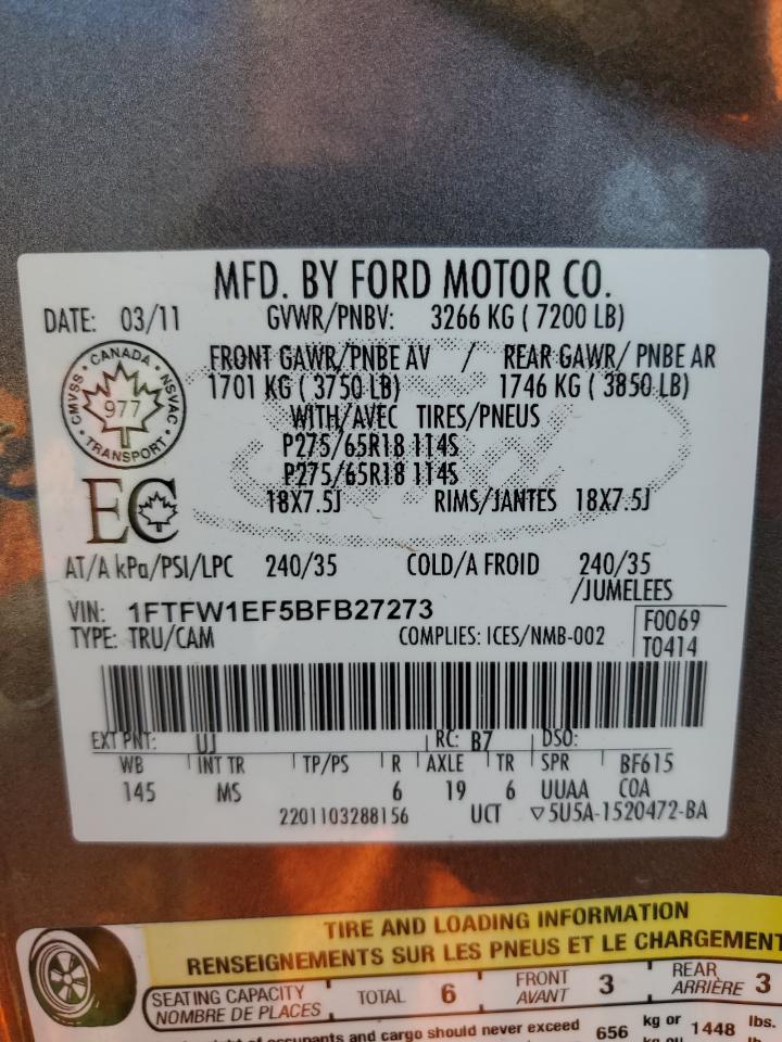 1FTFW1EF5BFB27273 2011 Ford F150 Supercrew