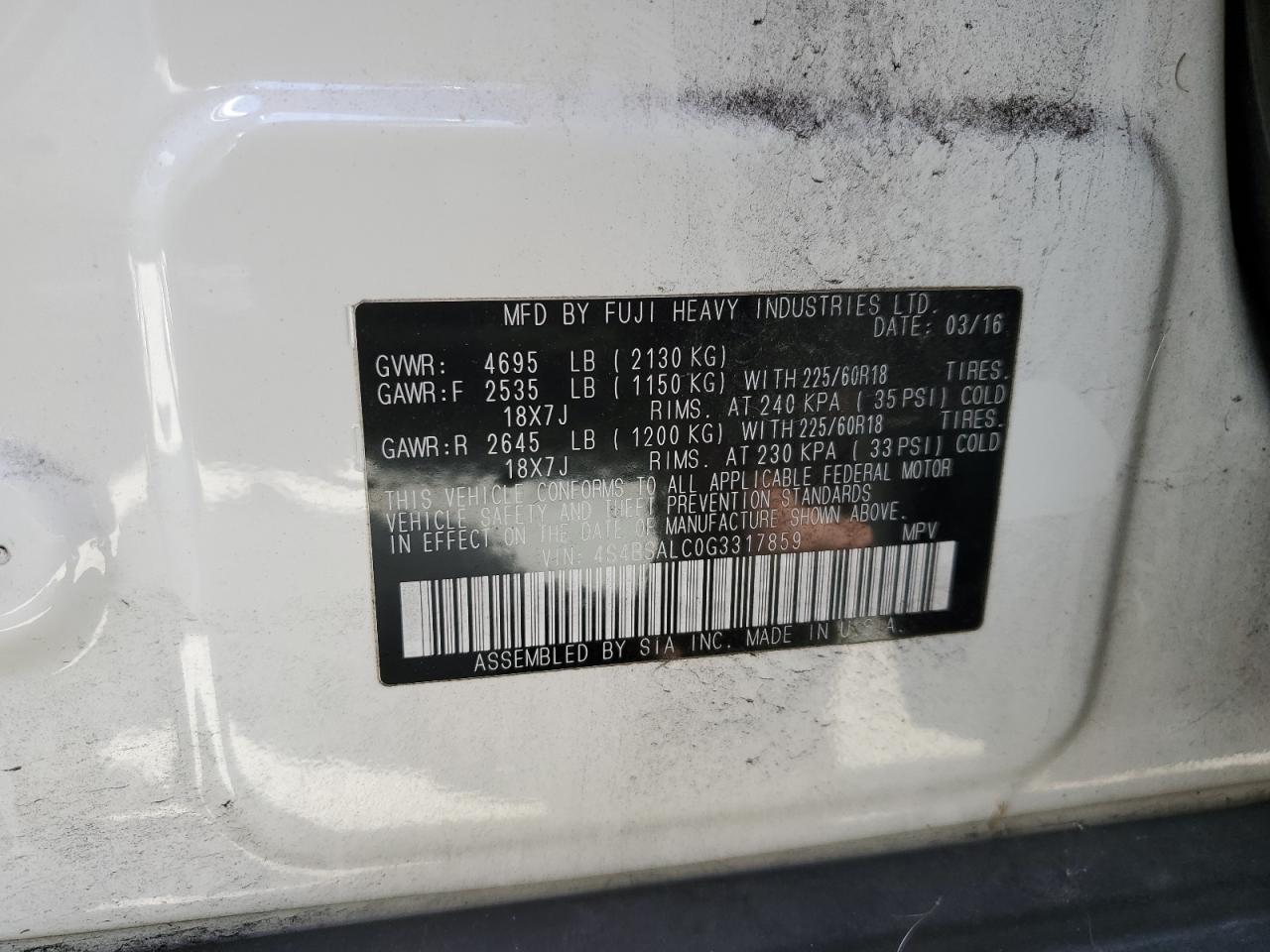 4S4BSALC0G3317859 2016 Subaru Outback 2.5I Limited