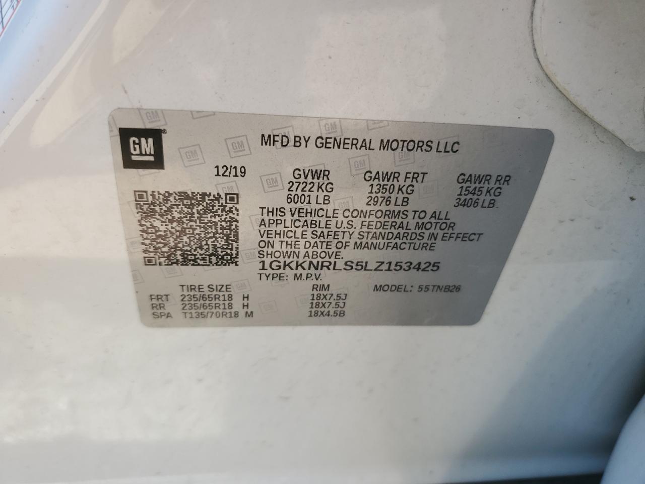 1GKKNRLS5LZ153425 2020 GMC Acadia Sle
