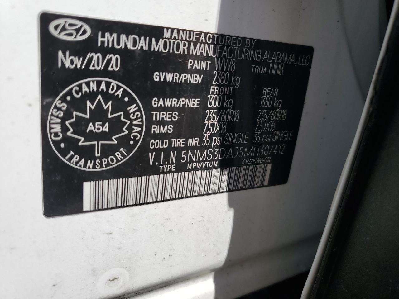 5NMS3DAJ5MH307412 2021 Hyundai Santa Fe Sel