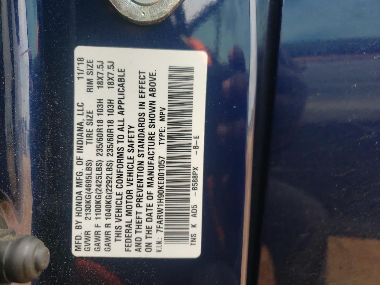 7FARW1H90KE001057 2019 Honda Cr-V Touring