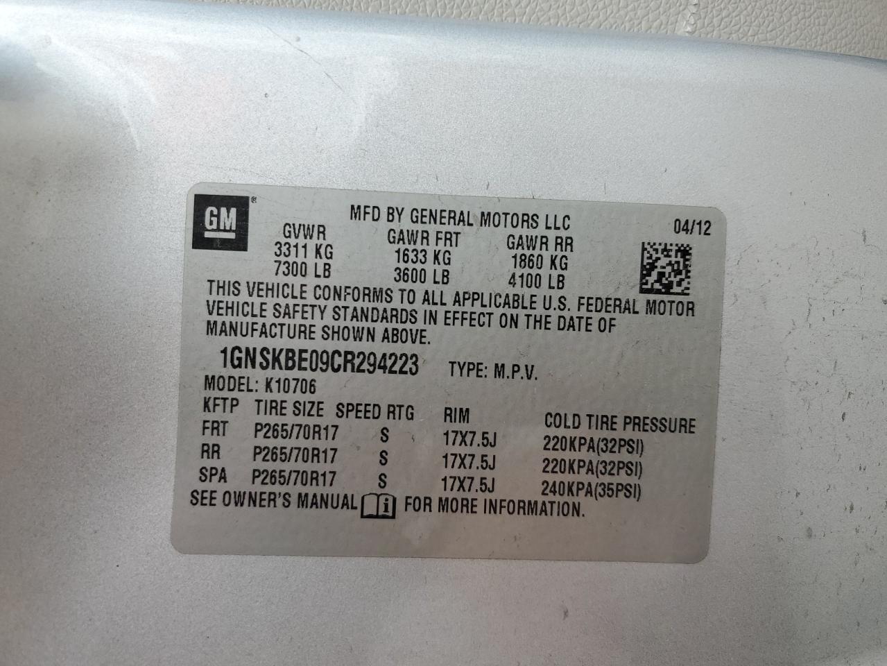 1GNSKBE09CR294223 2012 Chevrolet Tahoe K1500 Lt
