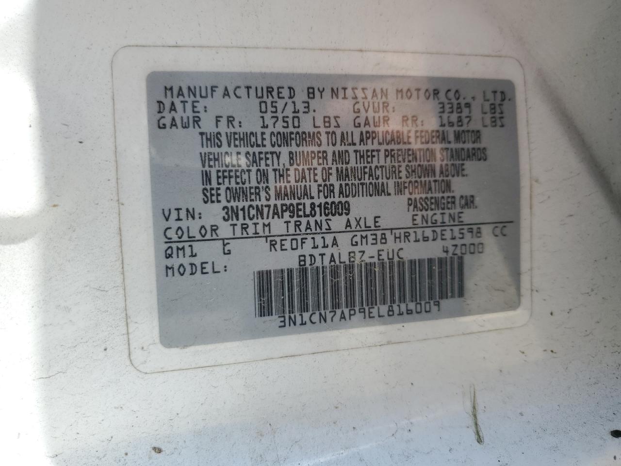 3N1CN7AP9EL816009 2014 Nissan Versa S