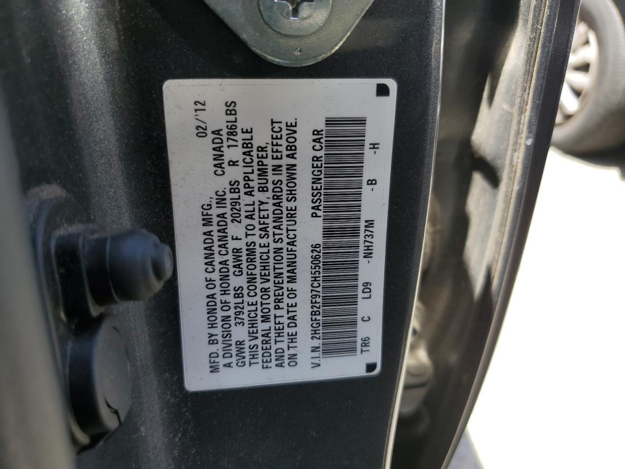 2HGFB2F97CH550626 2012 Honda Civic Exl