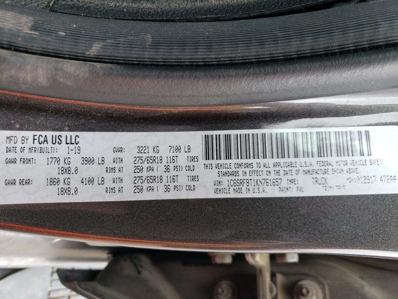 1C6SRFBT1KN761657 2019 Ram 1500 Big Horn/Lone Star