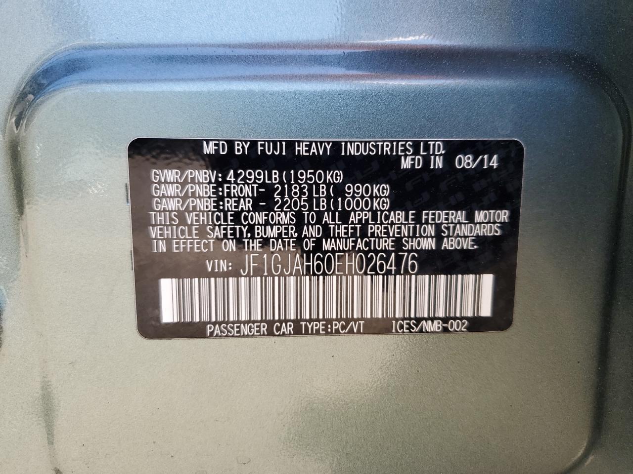 JF1GJAH60EH026476 2014 Subaru Impreza Limited