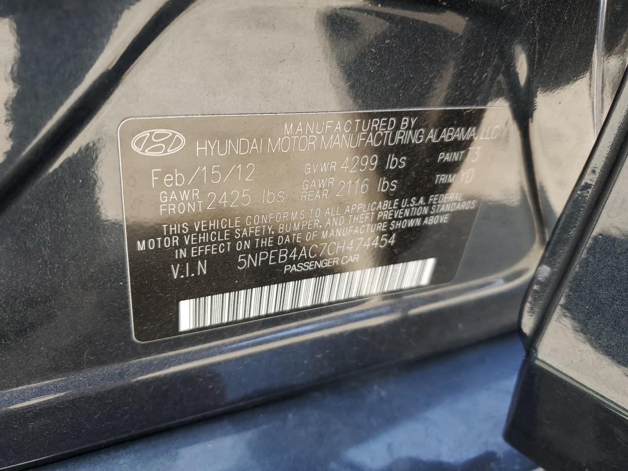 5NPEB4AC7CH474454 2012 Hyundai Sonata Gls