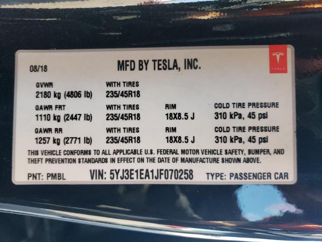 2018 Tesla Model 3 VIN: 5YJ3E1EA1JF070258 Lot: 56629844