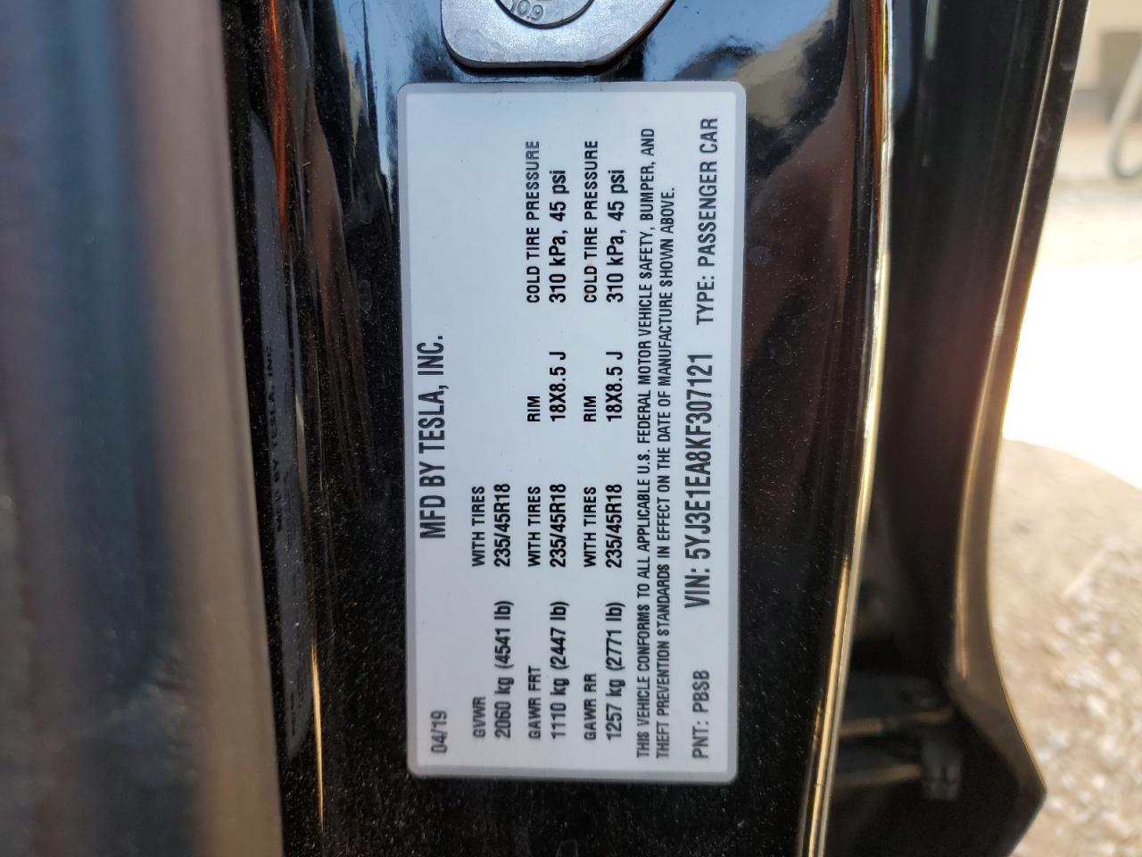 5YJ3E1EA8KF307121 2019 Tesla Model 3