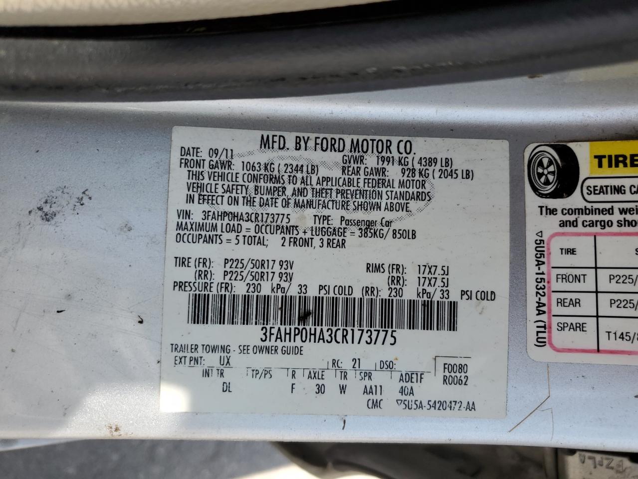 3FAHP0HA3CR173775 2012 Ford Fusion Se