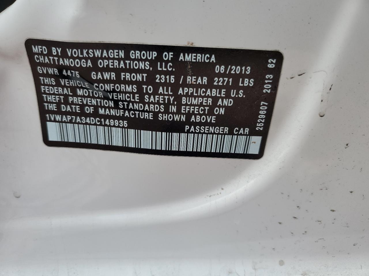 1VWAP7A34DC149935 2013 Volkswagen Passat S