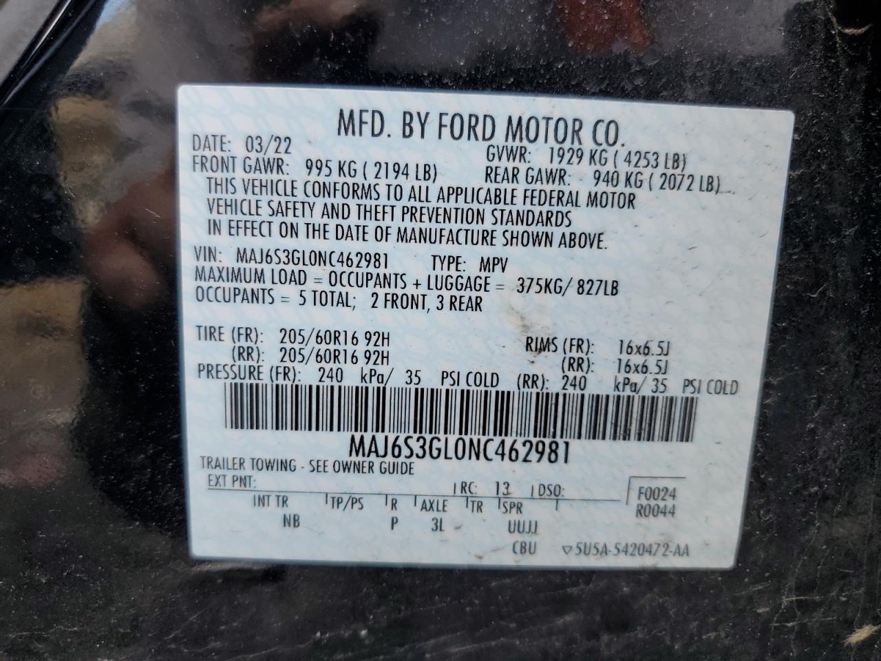 MAJ6S3GL0NC462981 2022 Ford Ecosport Se