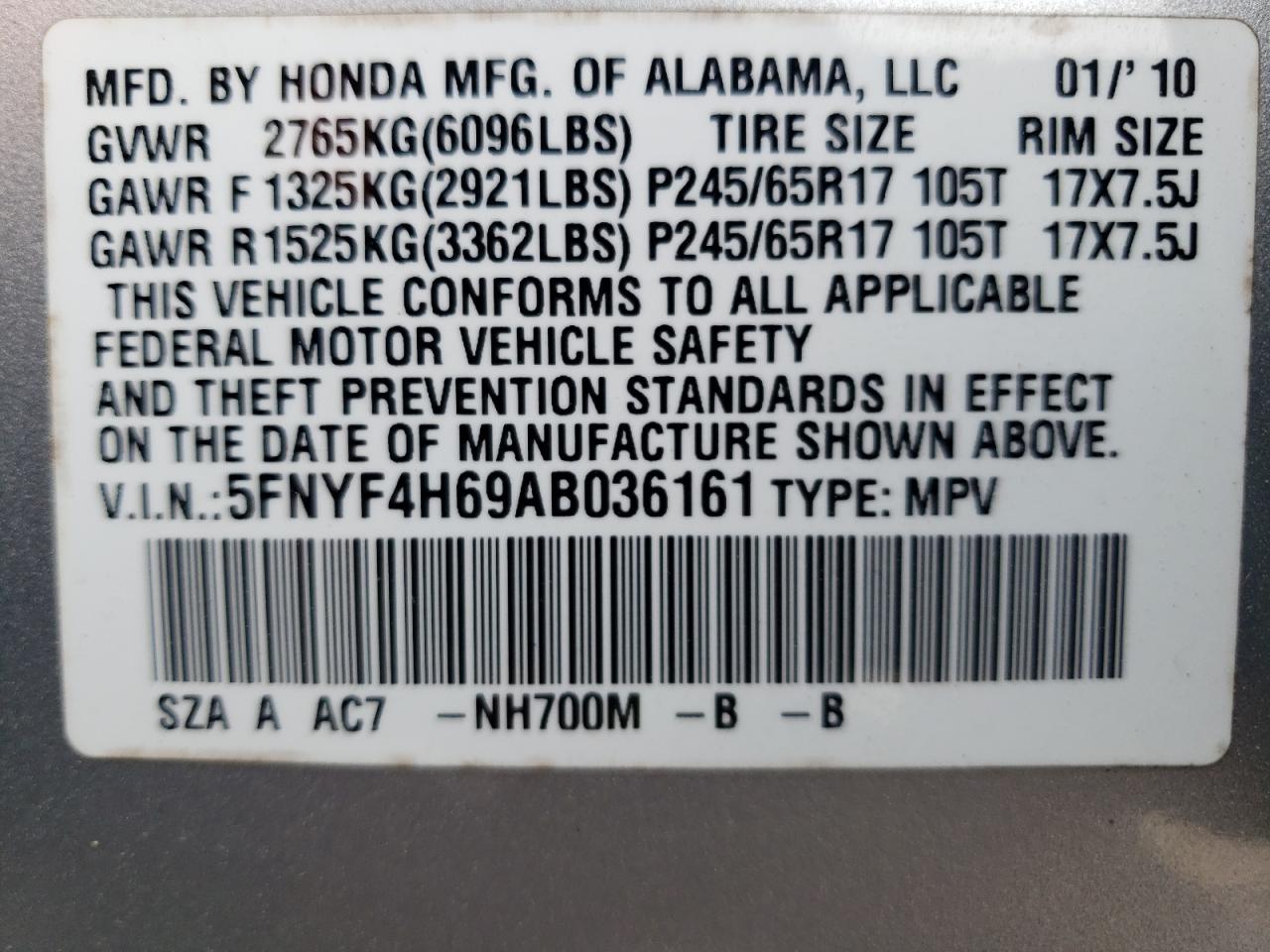 5FNYF4H69AB036161 2010 Honda Pilot Exl